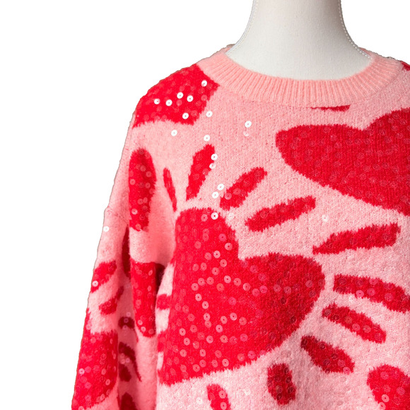 Luna Ivy Sequin Heart Sweater Pink Red Medium Boxy Preppy Y2K Glam Playful - Picture 3 of 10